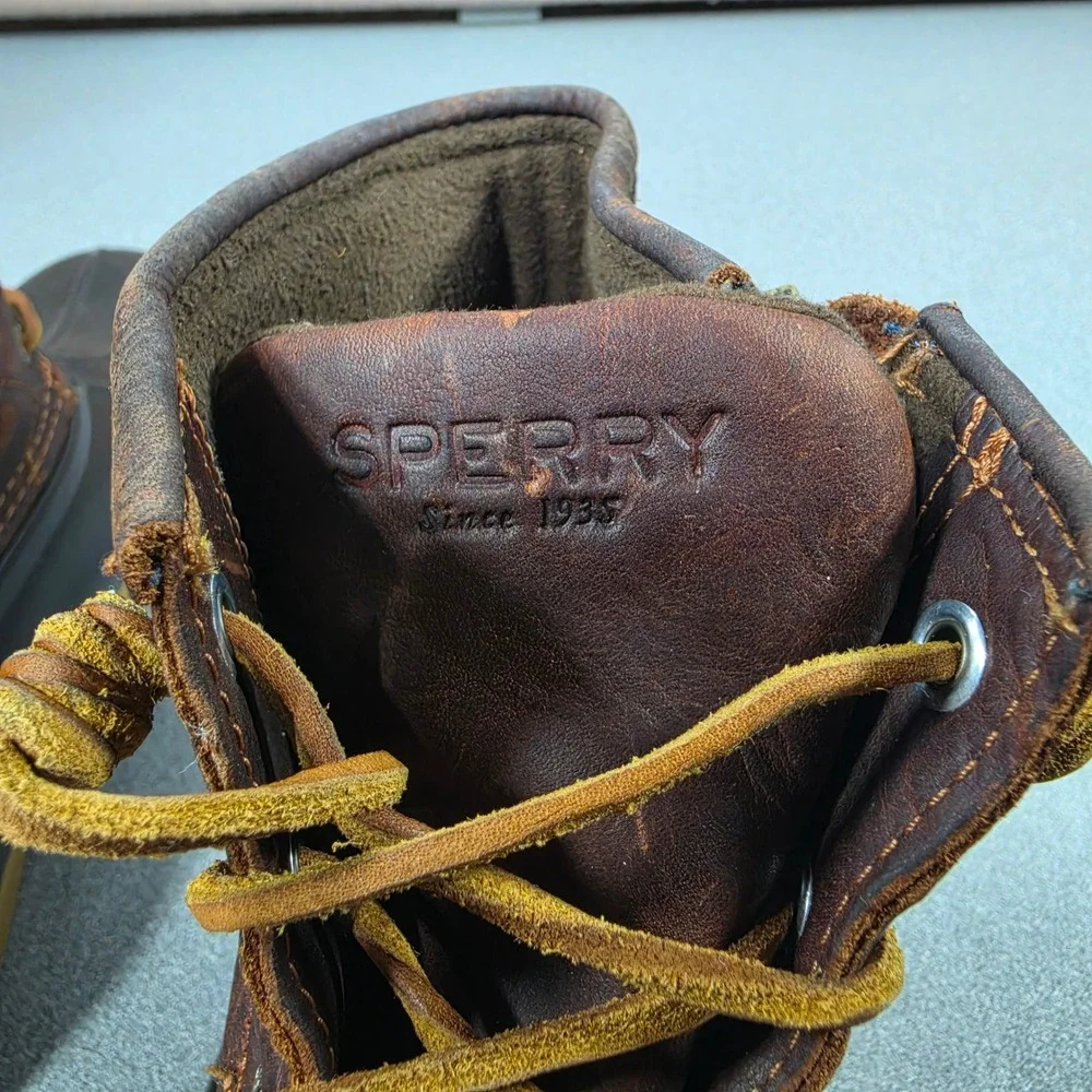 Sperry Saltwater Duck Boots Womens Brown Leather Rubber Ankle Good Side Zip